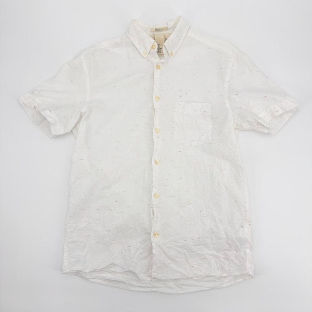 HM LOGG Mens Small White Speckled Nepped Short Sleeve Button Down Shirt Regular